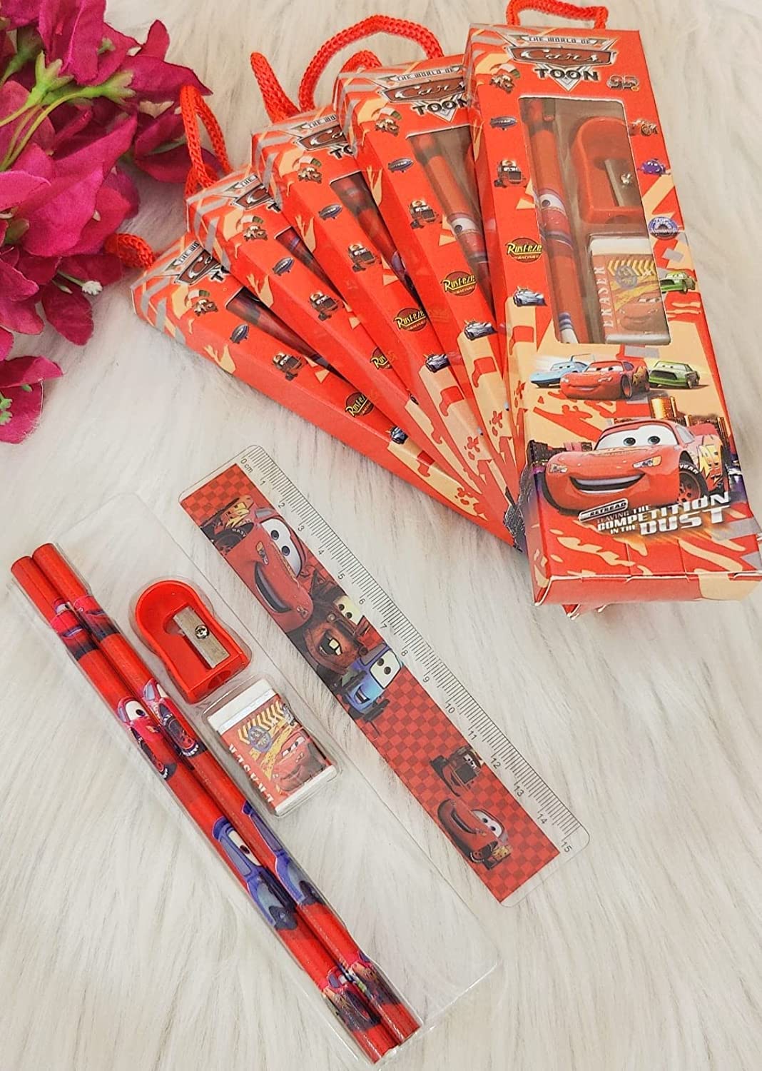 Tera13 Return Gifts for Kids Stationery Set (6 Pcs) - Car Theme Pencil, Eraser, Sharpener Kit for Boys - Birthday and Kanjak Gifts, Multicolor