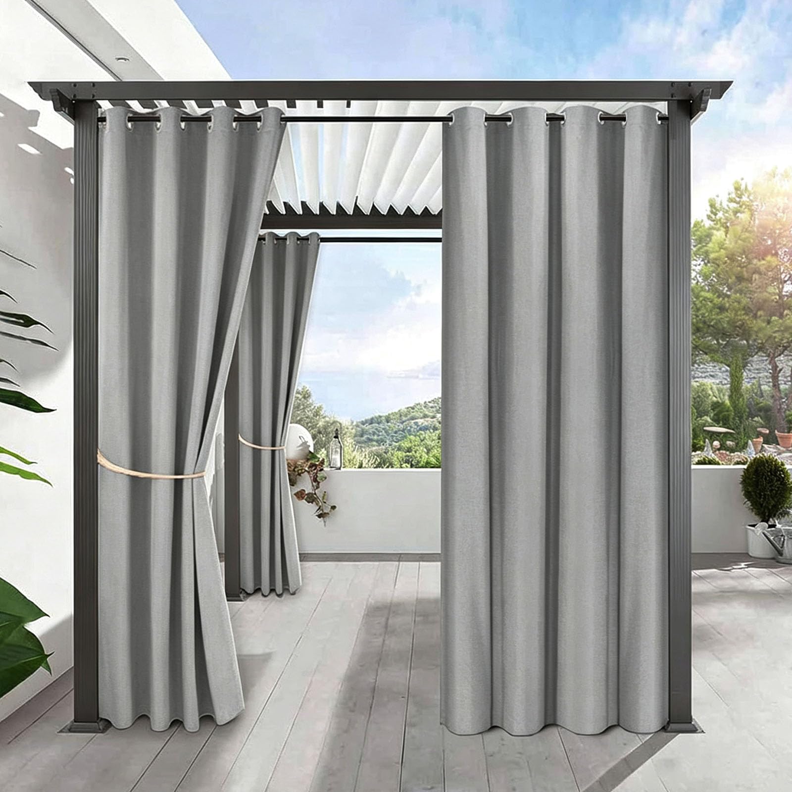 Rideau Exterieur 160 x 212 cm Résistant Aux Intempéries, Opaque, Occultant, avec Œillets, Brise-Vue, Protection Solaire Rideau Exterieur Impermeable pour Intérieur, Jardin, Gris Clair