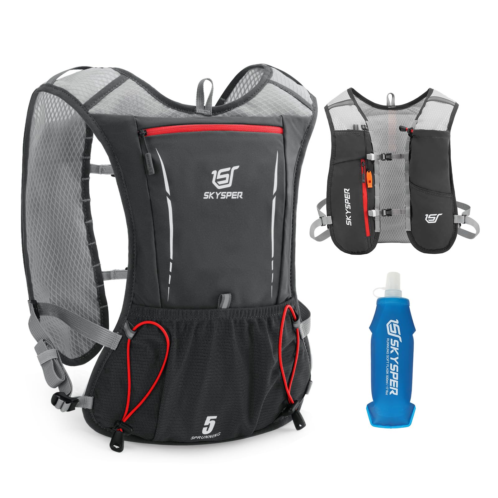 SKYSPER Zaino Idratazione 5L, Gilet Zaino Trail Running con Borraccia Morbida 500ml per Corsa Ciclismo Jogging Escursione