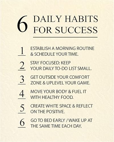 "6 Daily Habits For Success"-Motivational Wall Sign -8 x 10" Modern Typographic Art Print-Ready to Frame. Ideal Home-Office-School-Dorm Decor.
