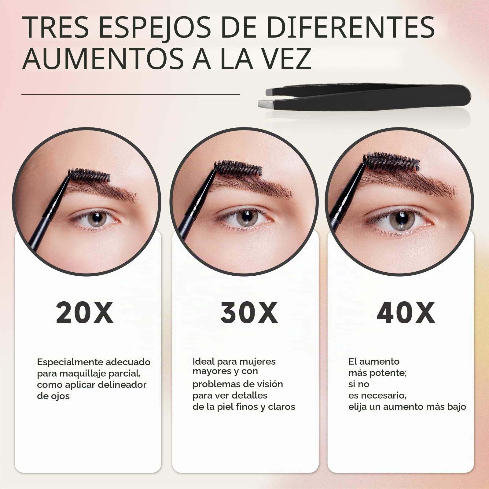 Espejo de aumento de 40X con ventosas y juego de pinzas, espejo cosmético con fuerte aumento para maquillaje preciso y depilación de cejas