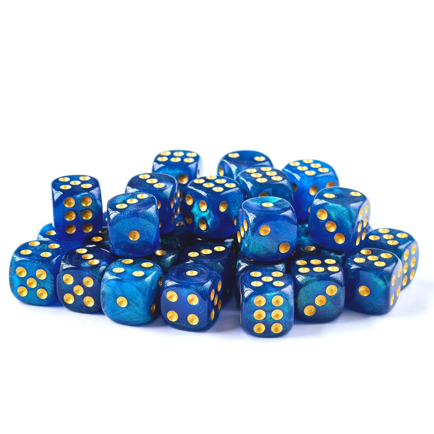 BESCON DICE Moonstone 12mm 6 Sided Dice, 36 in Brick Box, Pearl Blue Dice With Green Shimmery - Image 2