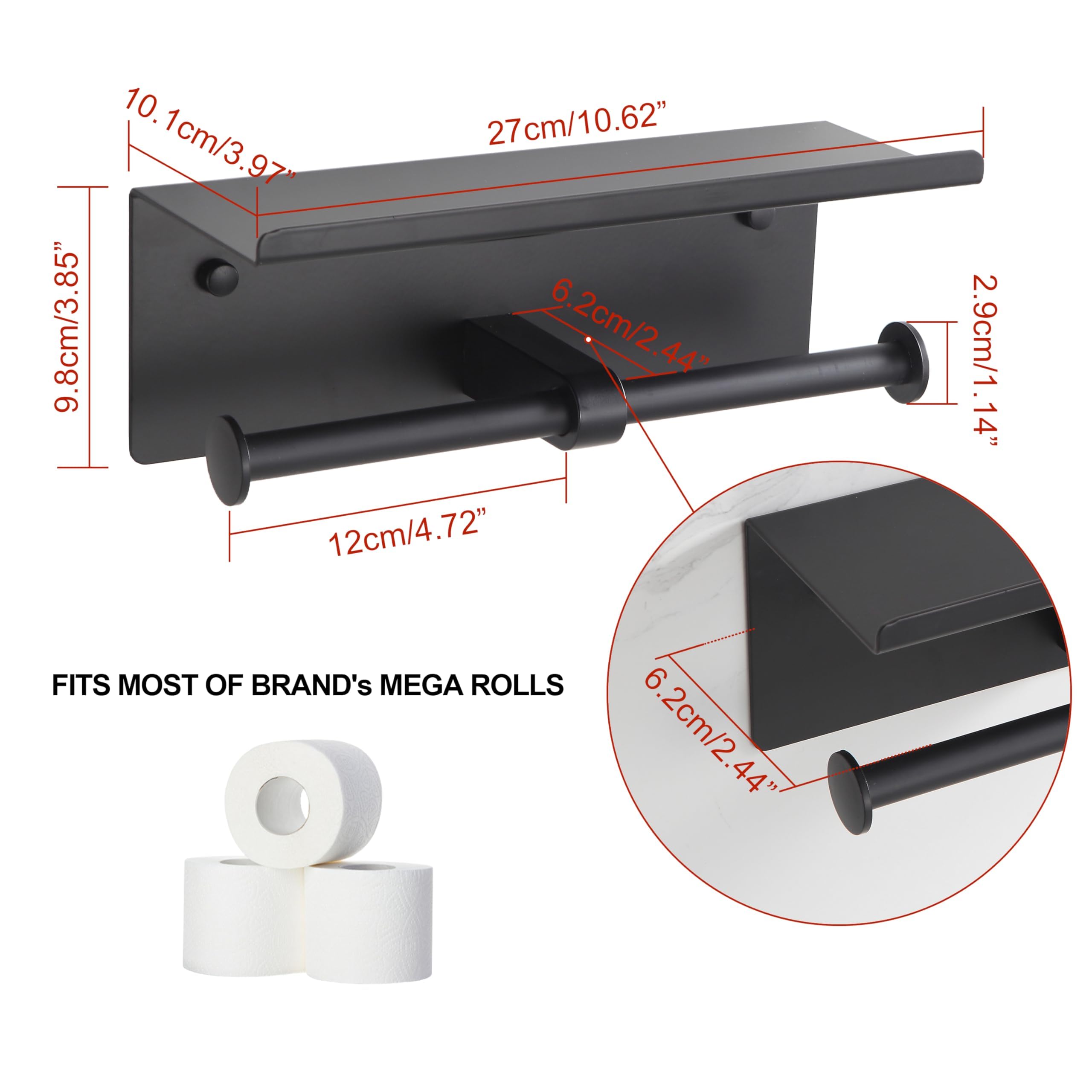 Self Adhesive Aluminum Waterproof Toilet Paper Holder with Shelf Black — Amazon image 4