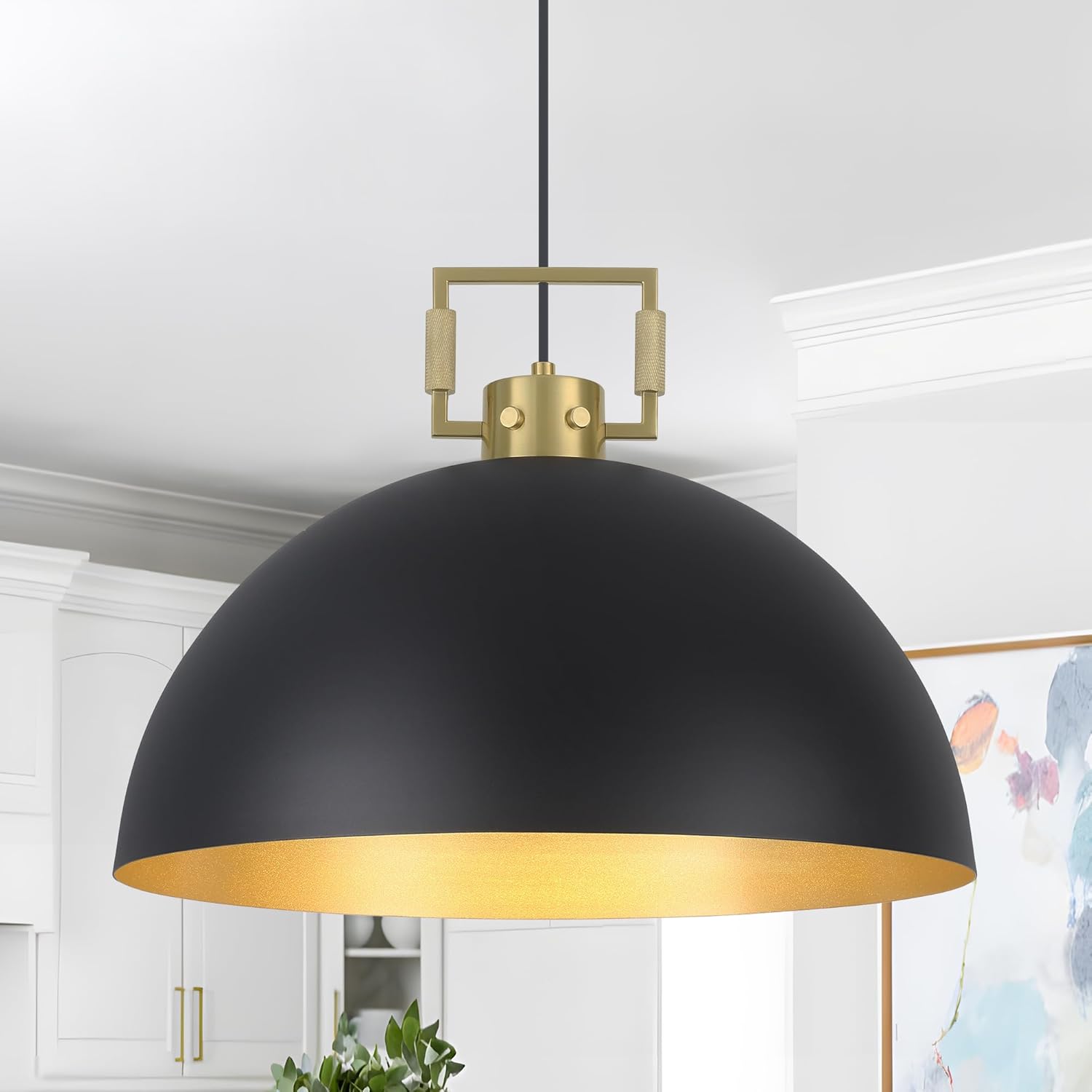 16" Farmhouse Pendant Light Fixture for Kitchen Island Black and Gold Large Dome Chandelier Light Modern Industrial Pendant Light Fixtures for Kitchen Island, Hallway, Dining Room, Bedroom Black and Gold 1 x 16'' pendant light