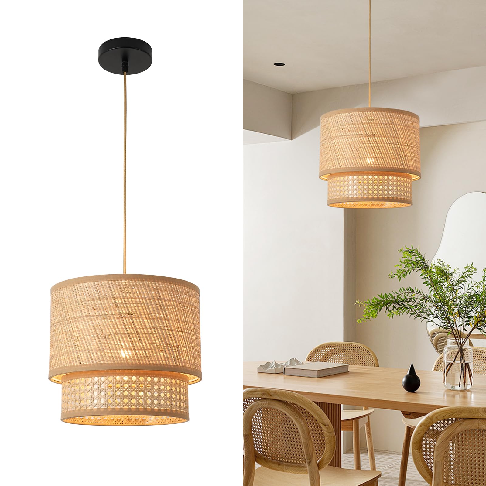 FORCOSO Rattan Pendant Light - Vintage Boho Hanging Lights Ø29cm Rattan Lampshade E27 Wicker Ceiling Light Pendant for Dining Room Living Room Bedroom Hallway Kitchen Island - Brown
