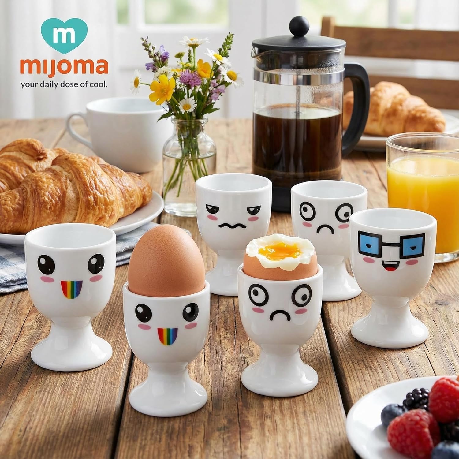 MIJOMA Set di 6 portauova, portauova, bianco con facce, decorazione #3, in porcellana, 6,5 x 5 cm