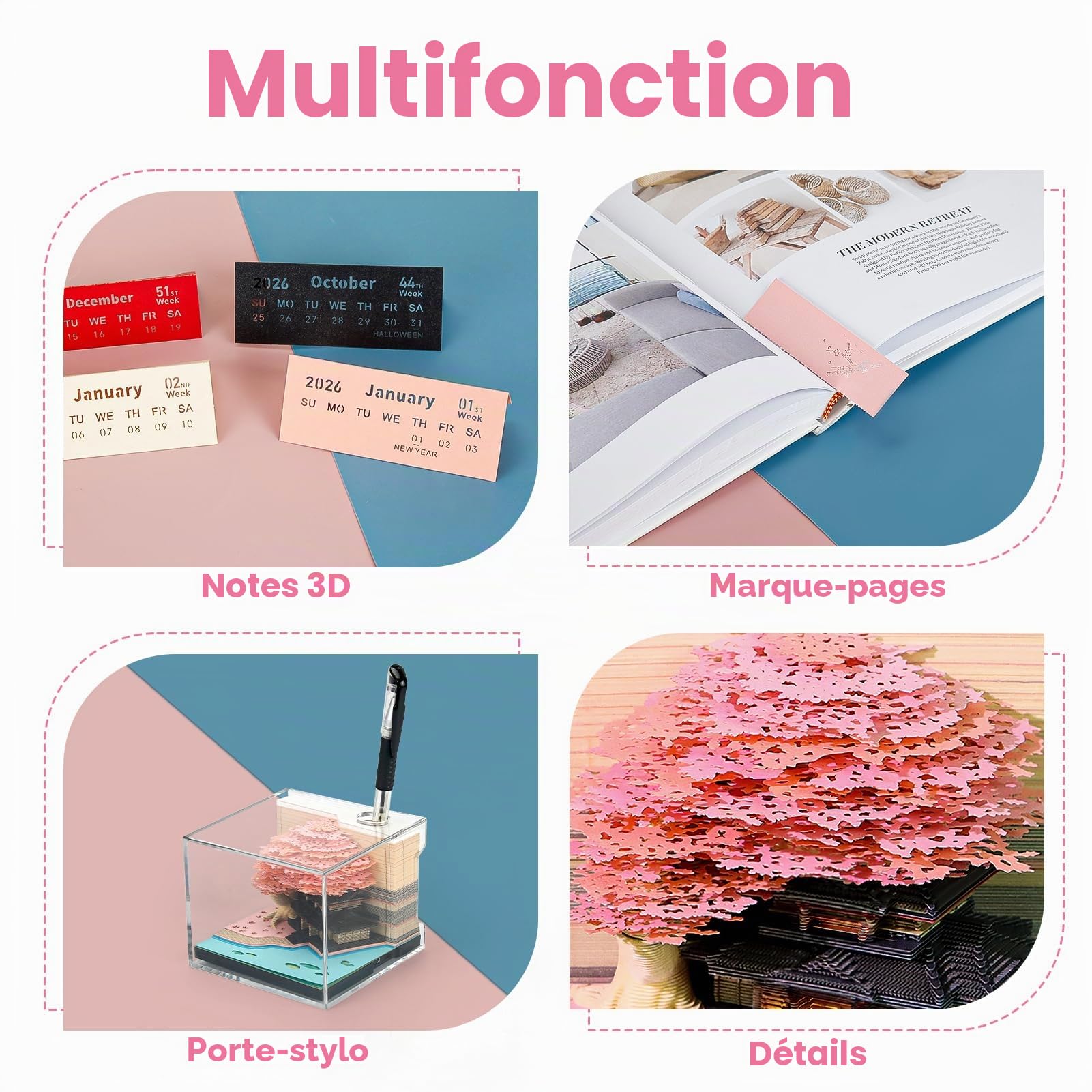 Calendrier 3D 2026 Détachable, Calendrier De Bureau Avec Lumières LED, Bloc-Notes Avec Porte-Stylo, Notes Autocollantes Pour Calendrier, Cadeau Créatif Pour Noël, Décoration d'Intérieur