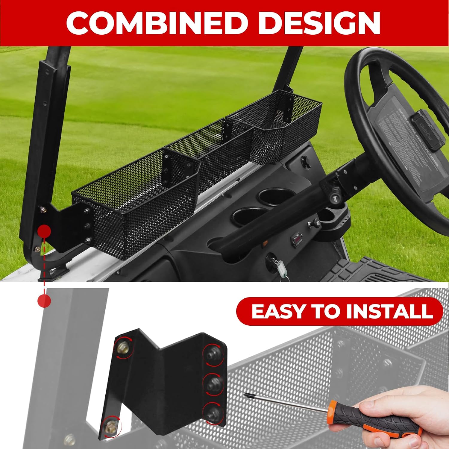Inner Front Storage Basket Compatible with E-Z-GO RXV 2008+ Accessories, Black Mesh Combined Front Inner Dash Storage Tray Storage Shelf for EZGO RXV 2008+
