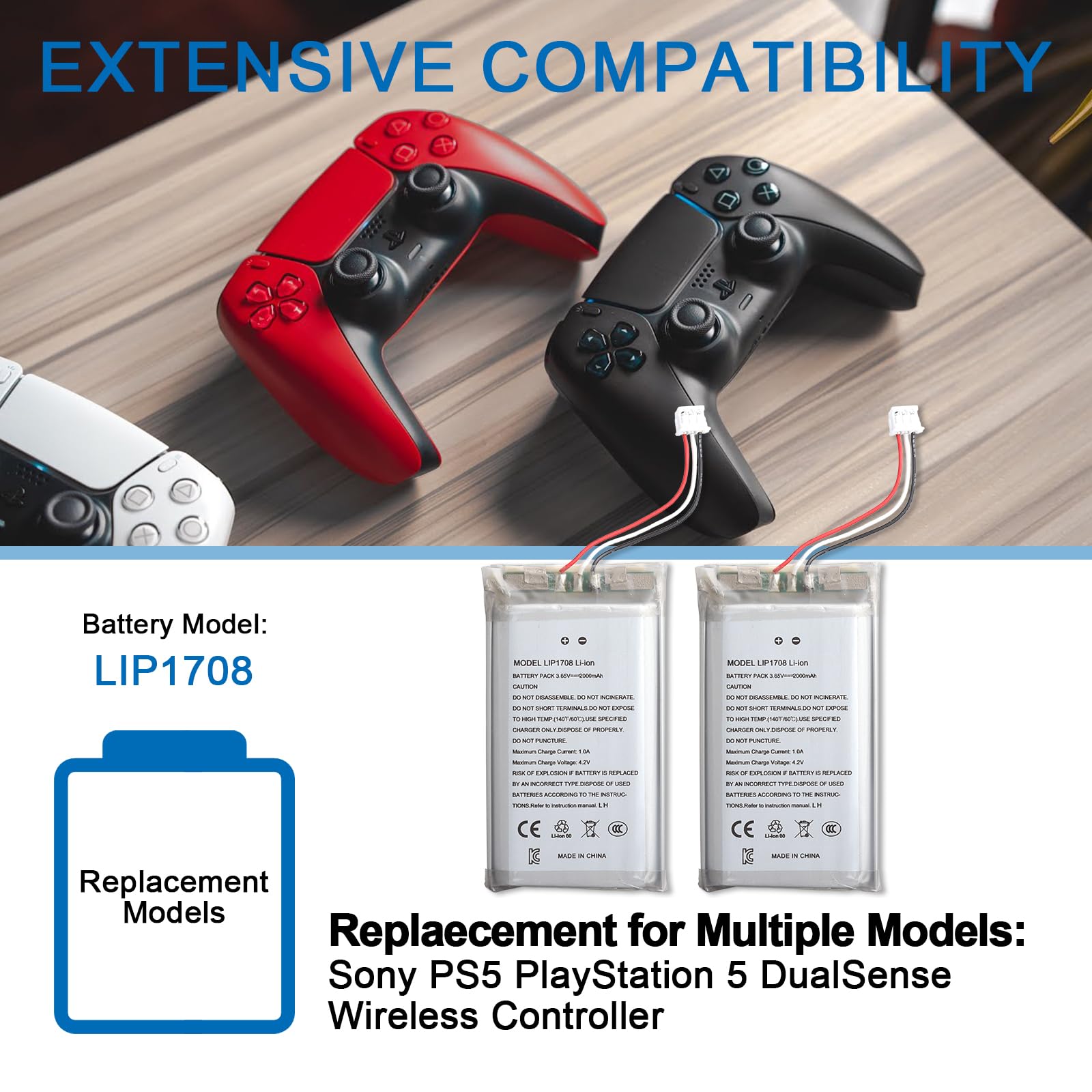 2 batterie agli ioni di litio per Sony PS5, ricambio per PS5 PlayStation 5 DualSense Wireless Controller Model LIP1708 Li-ion