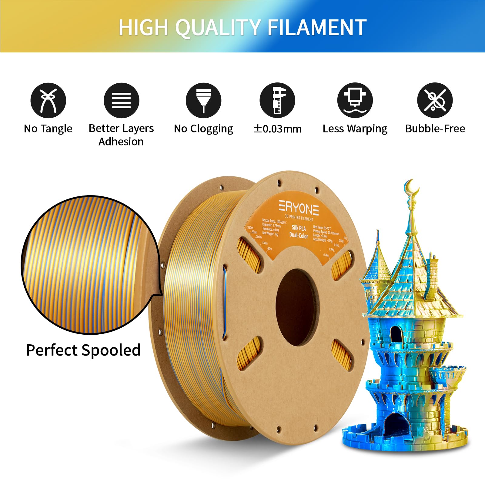 ERYONE Filamento PLA bicolore doppio 1,75 mm, filamento stampante 3D bobina da 1 kg +/- 0,03 mm, oro e blu
