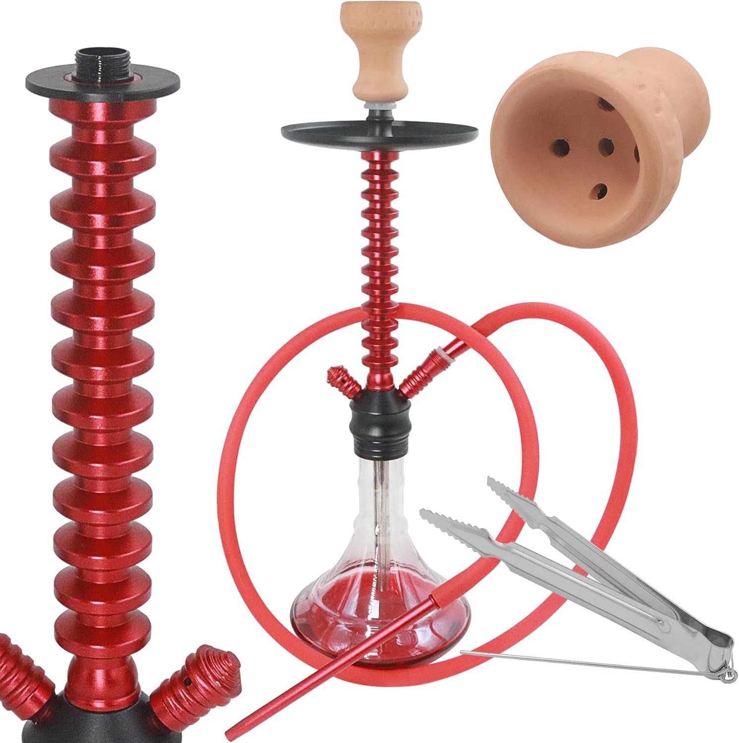 Traditional Glass Hookah Set with Double Hose, Bowl, Tongs and Accessories, Black (red)