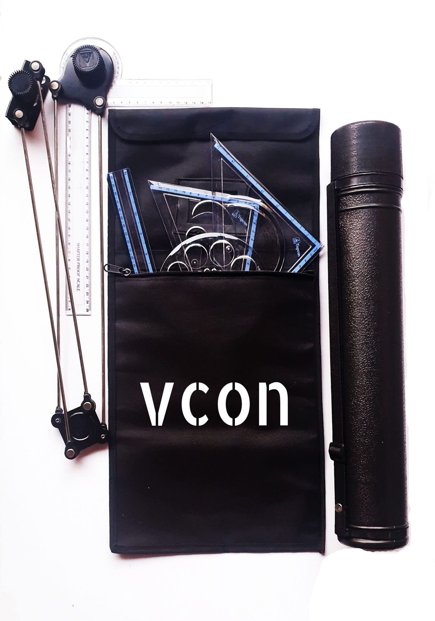 VCON Engineering Combo (Black Mini Drafter, Sheet Container, Set Squares, Pro Circle, Ruler, 4 Drawing Board Clips) with Matte Kit Bag - BLACK