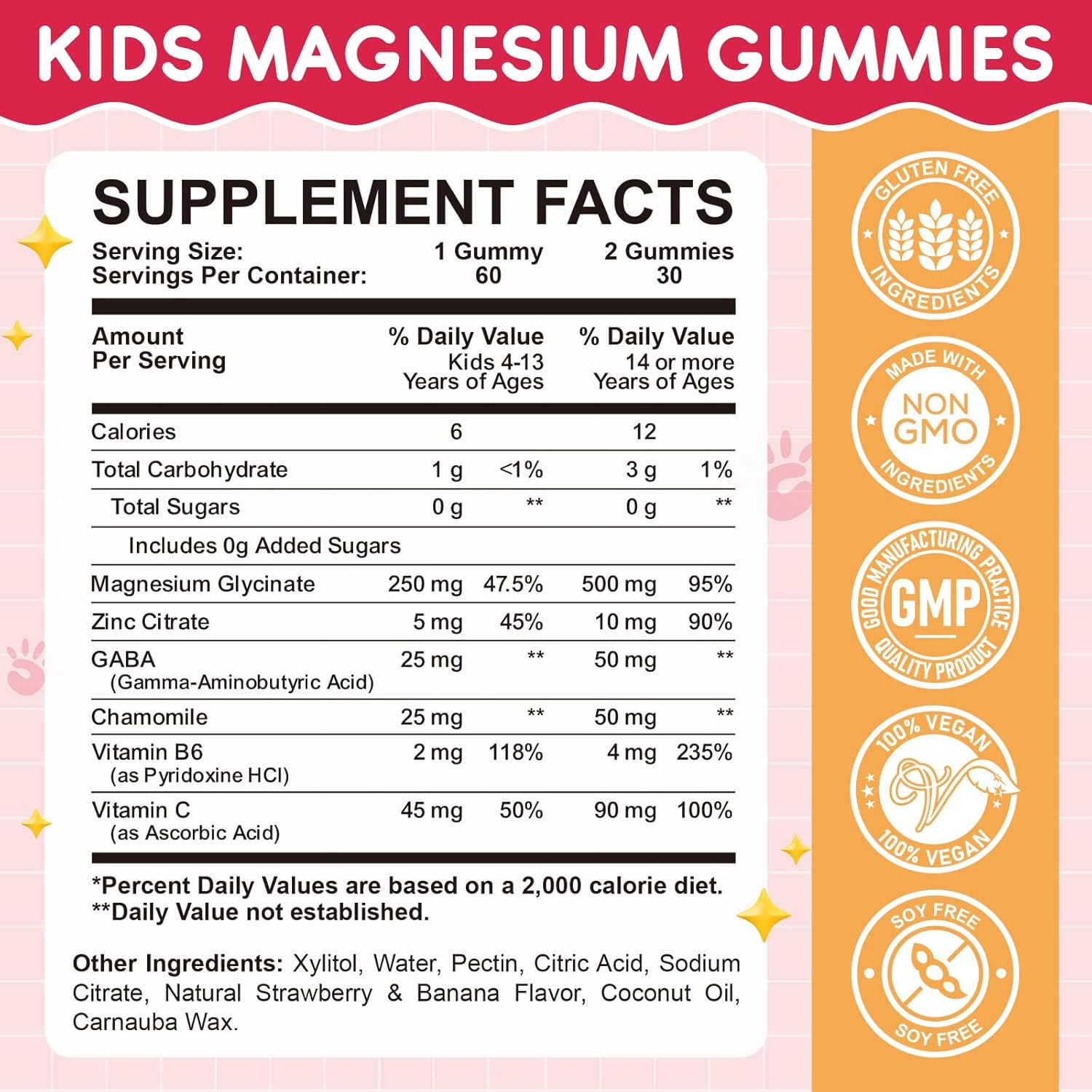 Magnesium Glycinate Gummies for Kids: Calm Magnesium Supplement for Kids & Adults with Zinc Citrate, GABA, Chamomile, Vitamin B6 & C - Sleep, Relaxation & Focus, Strawberry & Banana Flavor 120ct