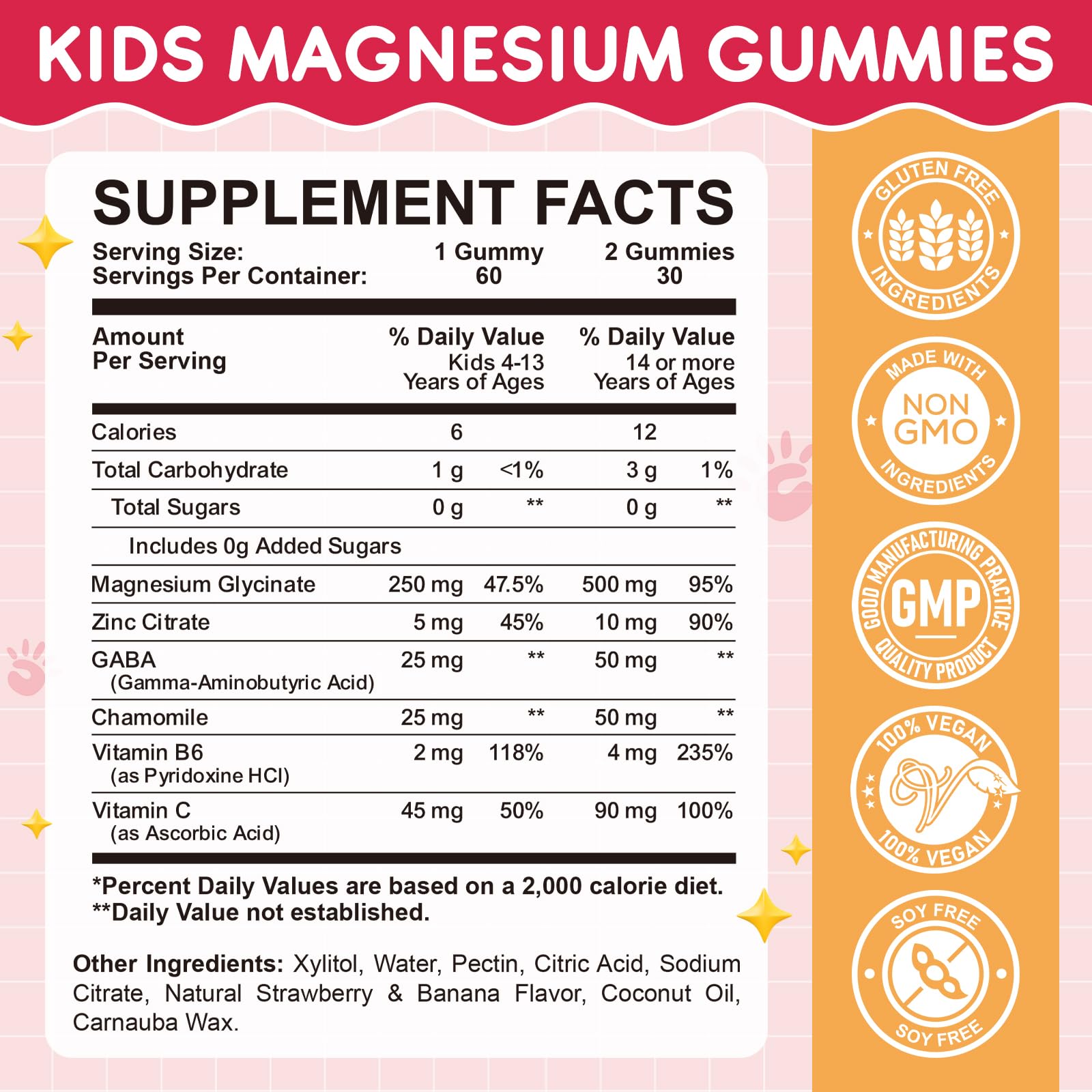 Magnesium Glycinate Gummies for Kids: Calm Magnesium Supplement for Kids & Adults with Zinc Citrate, GABA, Chamomile, Vitamin B6 & C - Sleep, Relaxation & Focus, Strawberry & Banana Flavor 120ct