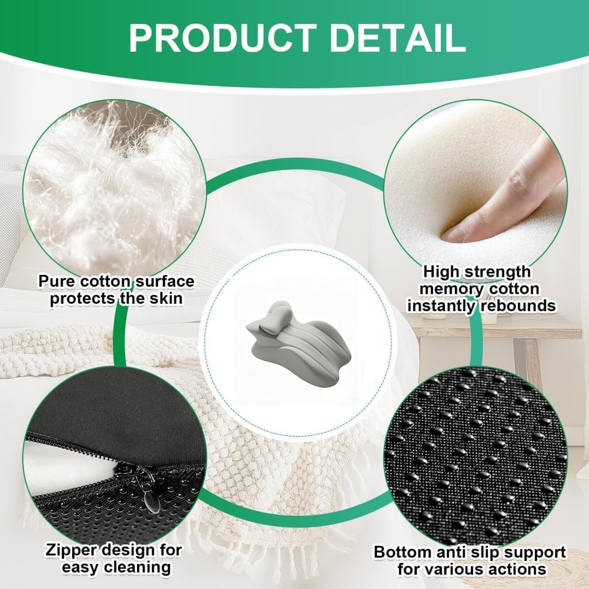Memory Foam Ergonomic Wedge Intimacy Pillow for Bed Reading Pillow for Sitting Up in Bed Body-Hugging Back Support Pillow with Washable Breathable Cover (Gray)