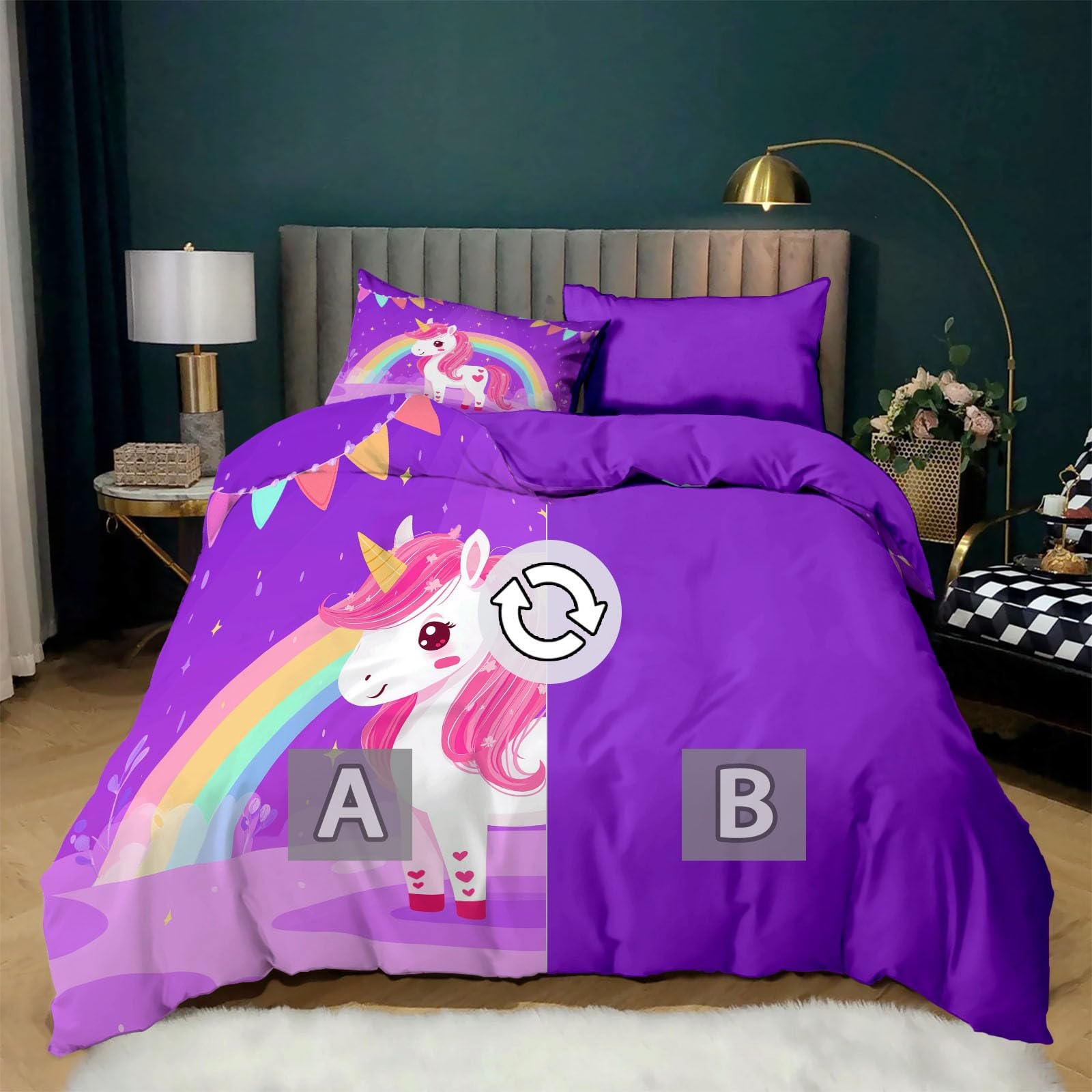 Poszwa na kołdrę 220 x 240 cm z 2 poszewkami na poduszki 65 x 65 cm - Cartoon Rainbow Animal Fioletowy Jednorożec Pościel - z miękkiej, oddychającej i wytrzymałej mikrofibry, z zamkiem błyskawicznym