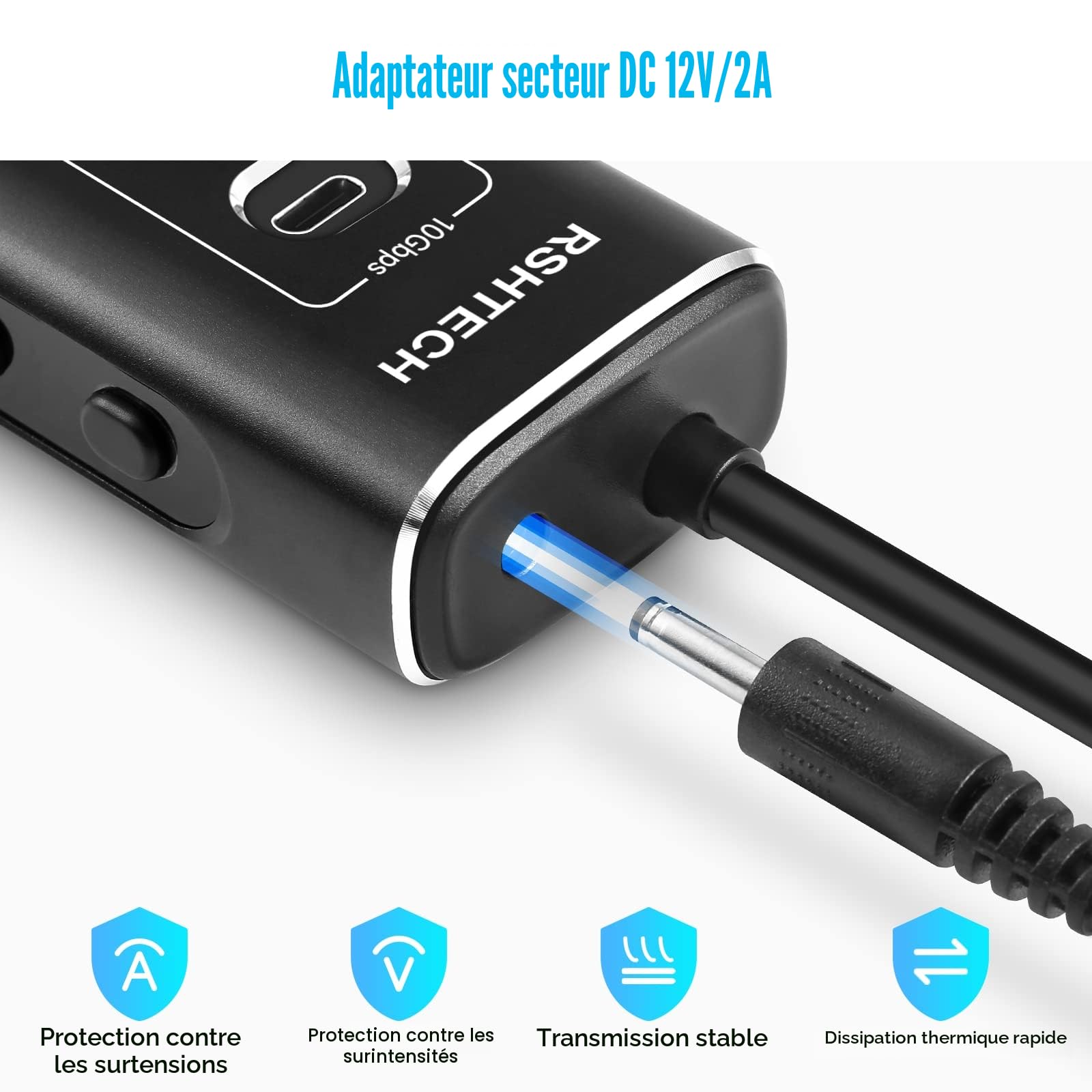RSHTECH 7 Port Hub USB Alimenté, Aluminium Hub USB 3.2/USB C, RSH-A107C | avec 10Gbps USB-A 3.2, 2 USB-C 3.2, 4*5Gbps Port USB 3.0, 1m de Câble de Données, Alimentation 24W USB C Hub