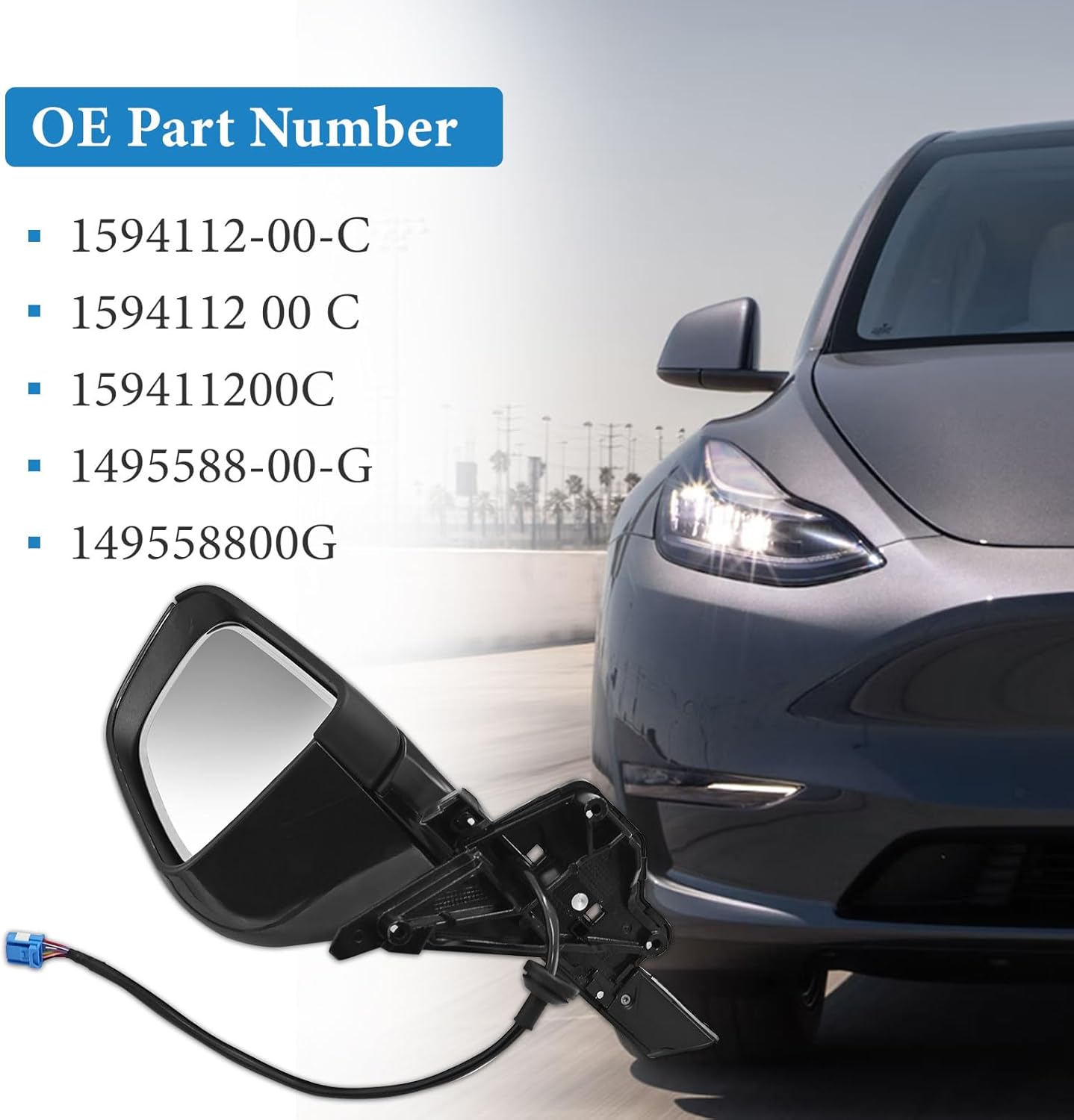 Grey Right Passenger Side Mirror with Anti-Glare Power Folding Heated Replacement for Tesla Model Y 2020 2021 2022 2023 2024, 1905764-00-B 190576400B 159411200C