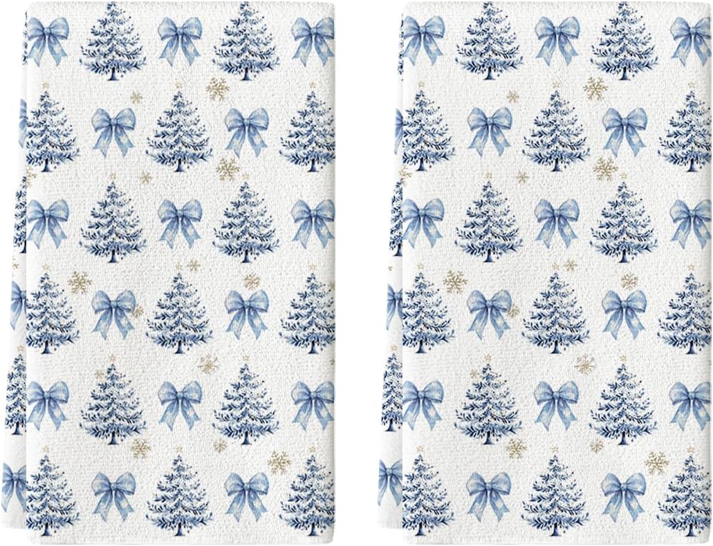 Artoid Mode Blue Bowknot Xmas Tree Christmas Kitchen Towels Dish Towels, 18x26 Inch Farmhouse Snowflake Winter Decoration Cleaning Set of 2