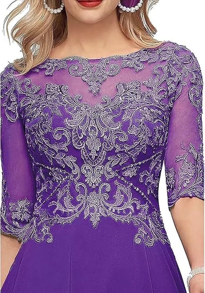 Mother of The Bride Dresses for Wedding 2026 Chiffon Short Sleeves Long Lace Appliques Formal Evening Dress