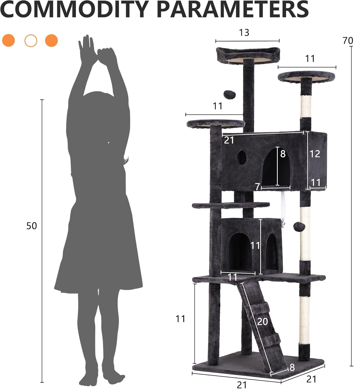 70 Inch Cat Tree Tower - Multi-Level Kitten Condo with Scratching Post, Plush Perch, Dangling Ball - Heavy Duty for Large Cats - Dark Grey