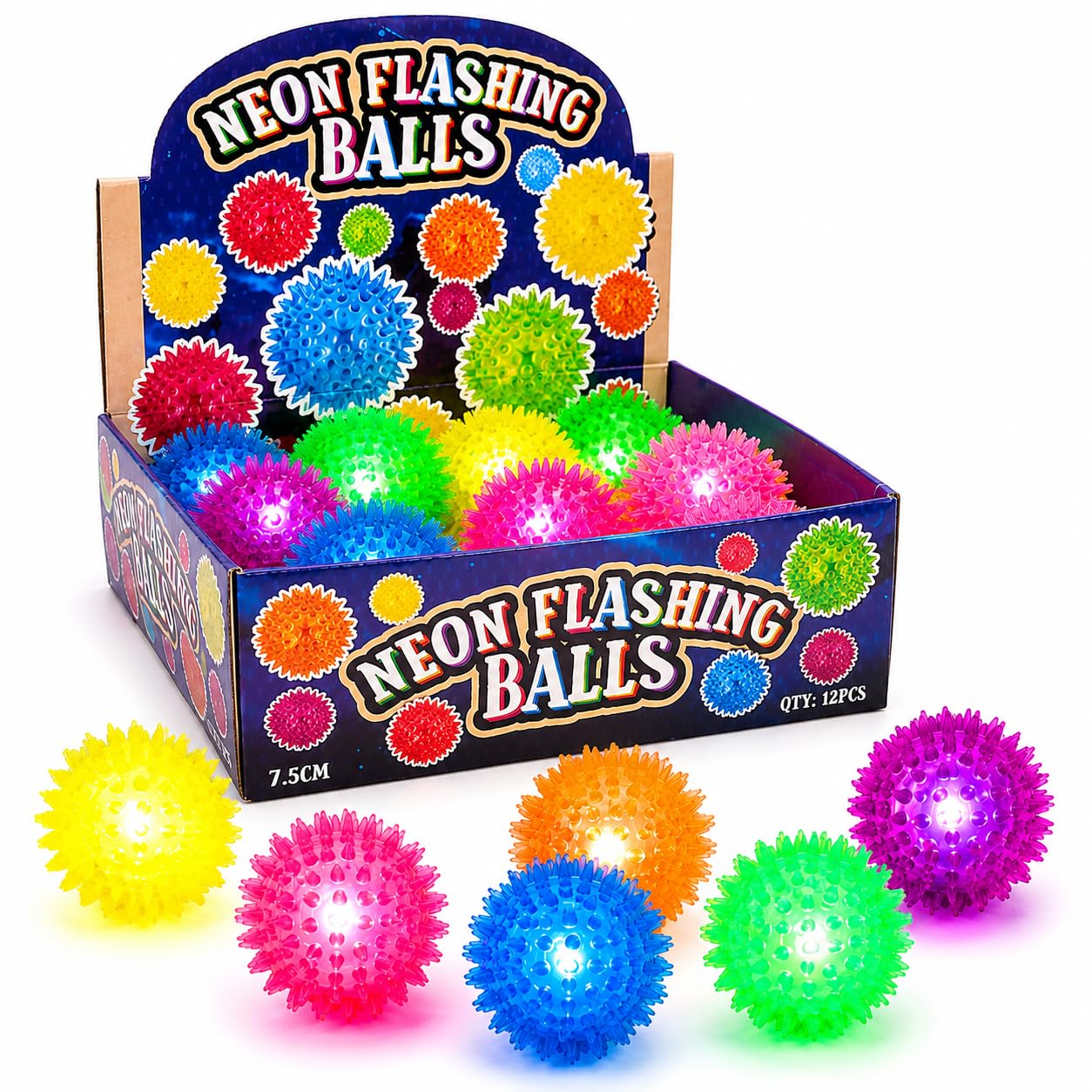 HENBRANDT 12 Pack 7.5cm Flashing Spiky Balls | Light Up Party Bag Toys