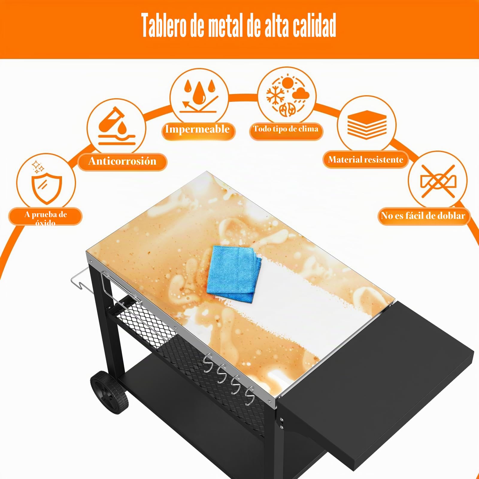 Denmay Mesa de barbacoa de acero inoxidable, 116 x 54 cm, con 3 niveles, soporte para horno de pizza, mesa para exteriores, carrito de trabajo con 4 ganchos, mesa auxiliar, carrito de cocina
