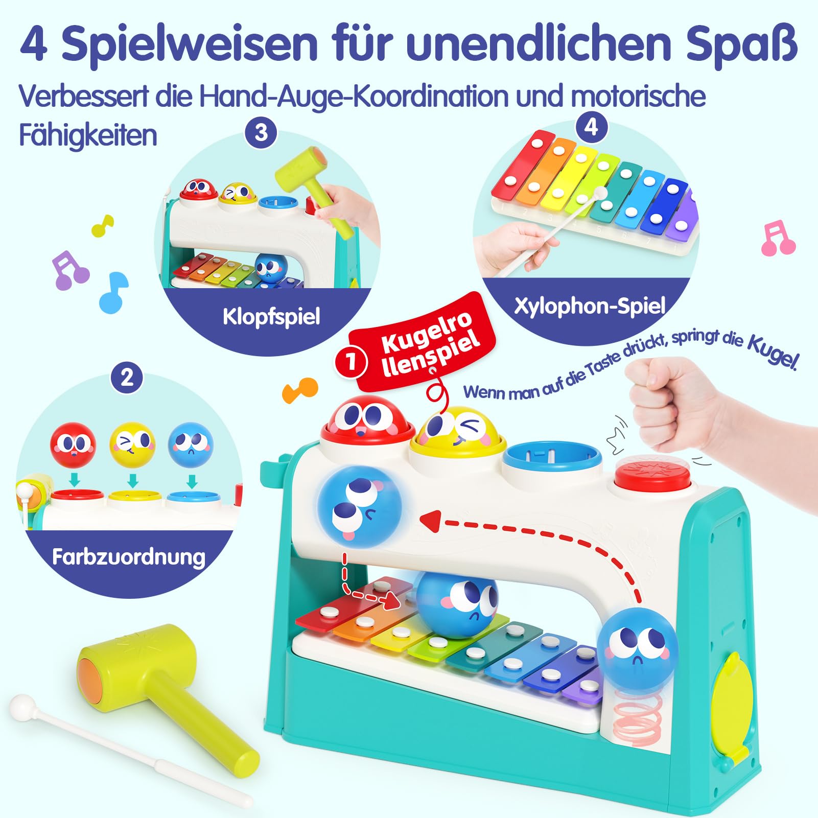 HOLA Spielzeug ab 1 Jahr, Hammerspiel Xylophon Kinderspielzeug ab 1-2 Jahre Baby Geschenk für 1 Jahr Jungen und Mädchen Motorikspielzeug ab 12 Monate