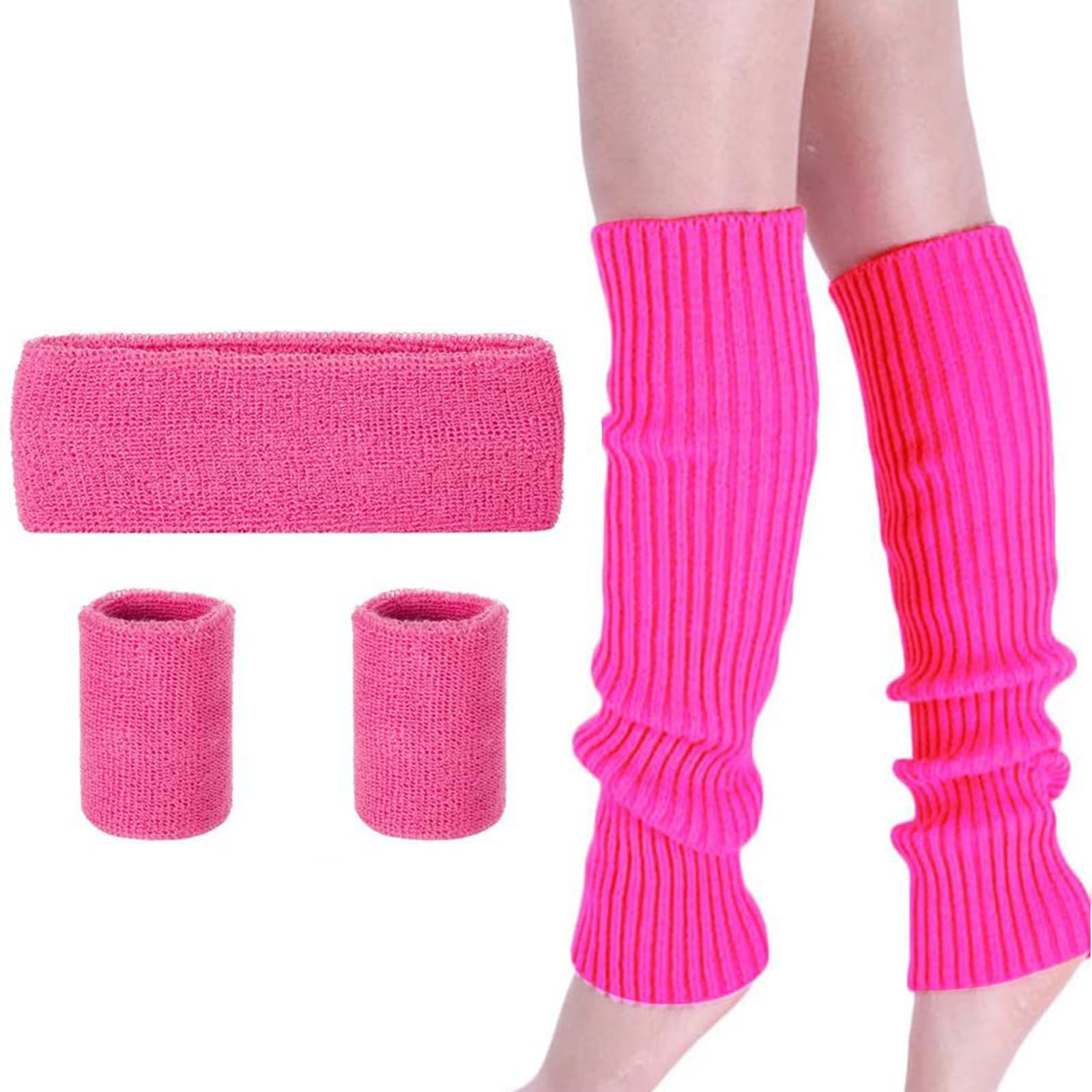 Sexybody Ribbed Knitted Leg Warmers Sweatband Set 80s Neon Running Headband and Wristband for Women &amp; Girls Party Sports Yoga
