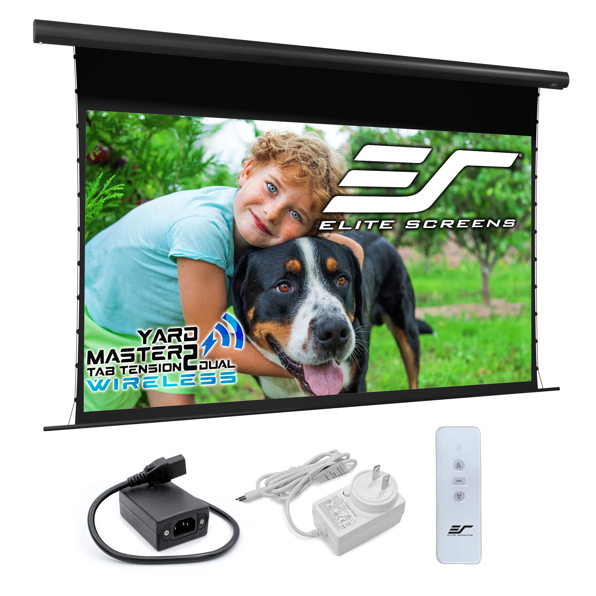Elite Screens Yard Master Tab-Tension 2 Wireless 140 Inch Outdoor Motorized Projector Screen, 16:9 Battery Operated, IP33 Rated, RF Remote, 4K 8K HDR – OMS140WHT2-ELECT-BAT