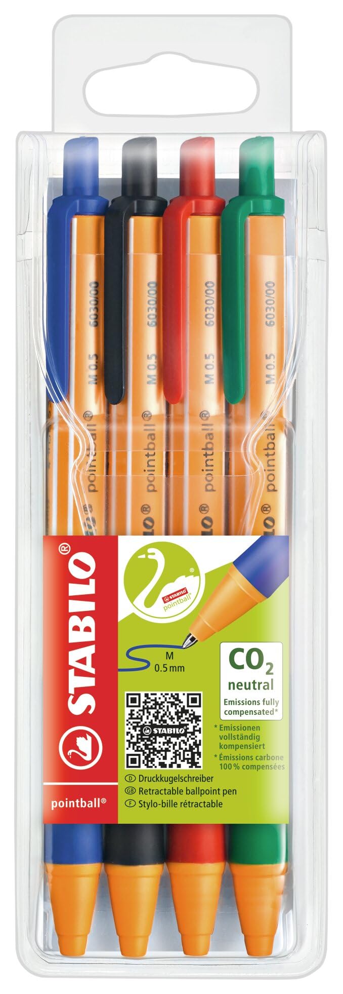 STABILO pointball – Druck-Kugelschreiber im 4er Pack (blau, schwarz, rot, grün) im Point-88-Design