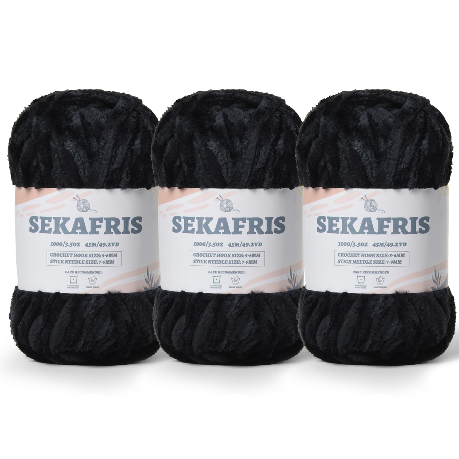 Chenille Velvet Soft Yarn Black 3 Pack
