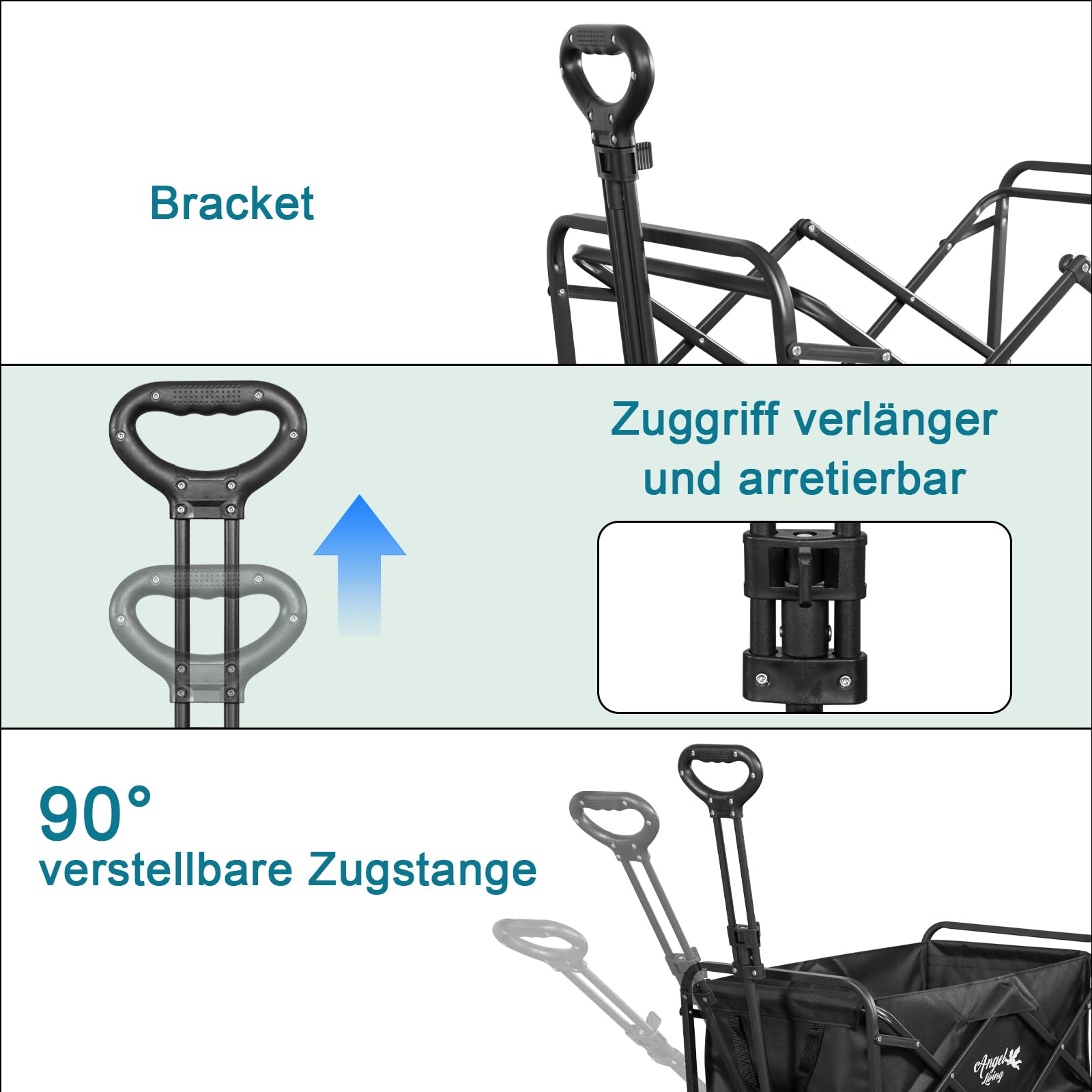 Angel Living Bollerwagen Faltbar 200L mit Tragkraft bis 100KG, Handwagen Klappbar, Faltbarer Campingwagen mit Höhenverstellbarem Griff, Leicht und Platzsparend, Stabil, 600D Oxford-Gewebe, Schwarz