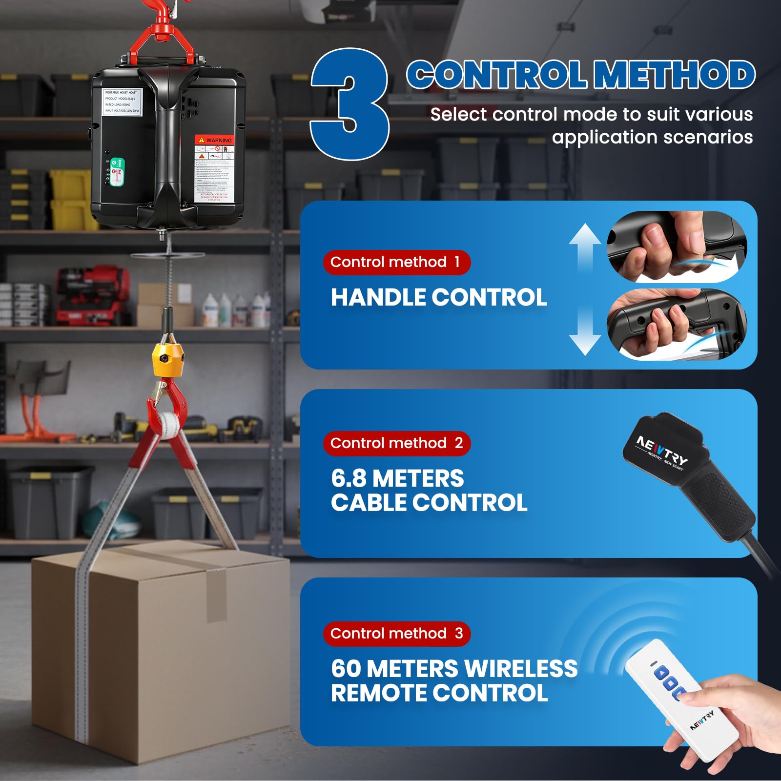 NEWTRY 3 in 1 Paranco elettrico telecomando senza fili 11,8 m/38ft 1500 W Winch elettrico con protezione da sovraccarico (carico 300 kg)