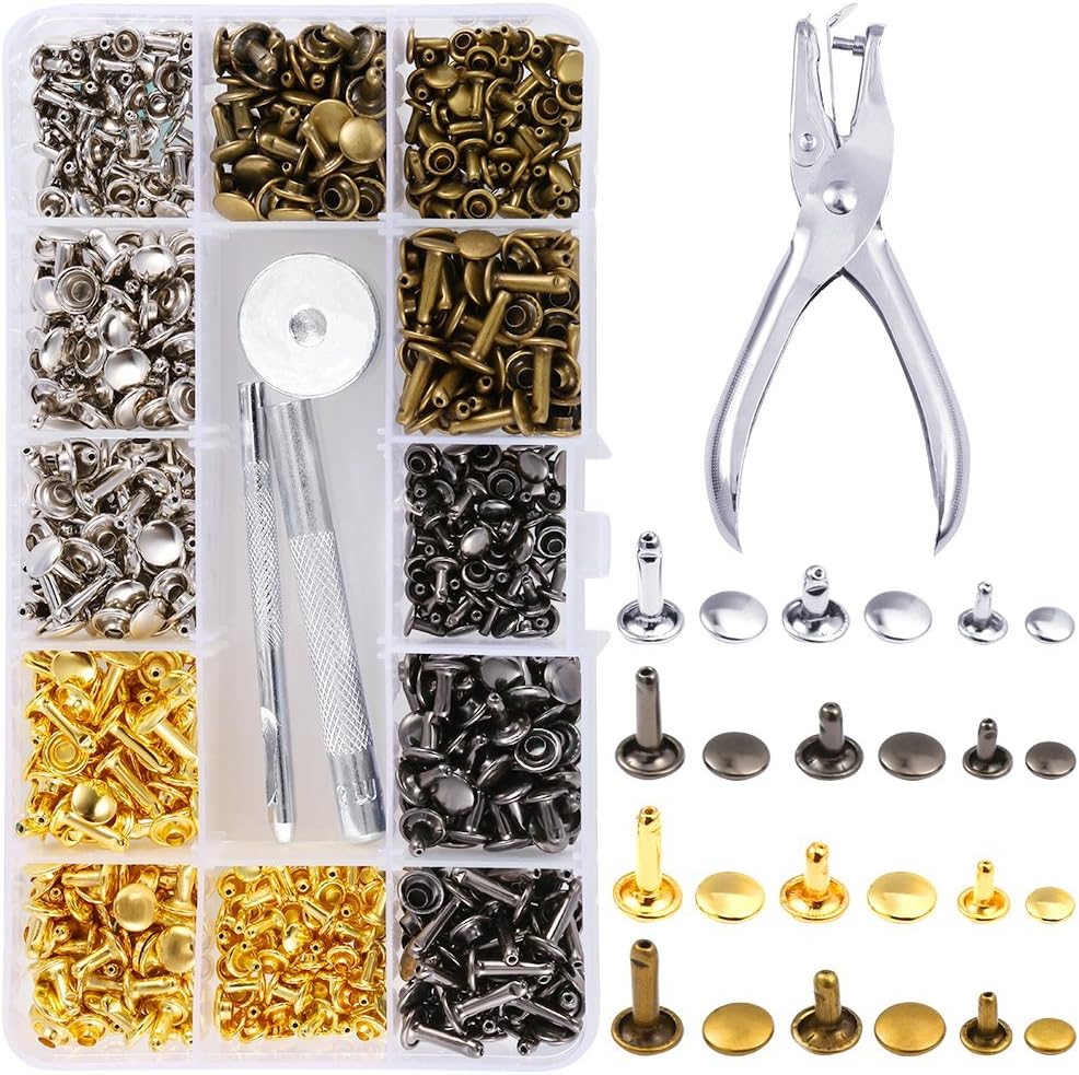 Caydo 360 Sets 3 Sizes Leather Rivets Double Cap Rivet Tubular Metal Studs with 4 Fixing Set Tools for DIY Leather Craft, 4 Colors (Gold, Silver and Bronze, Gunmetal)