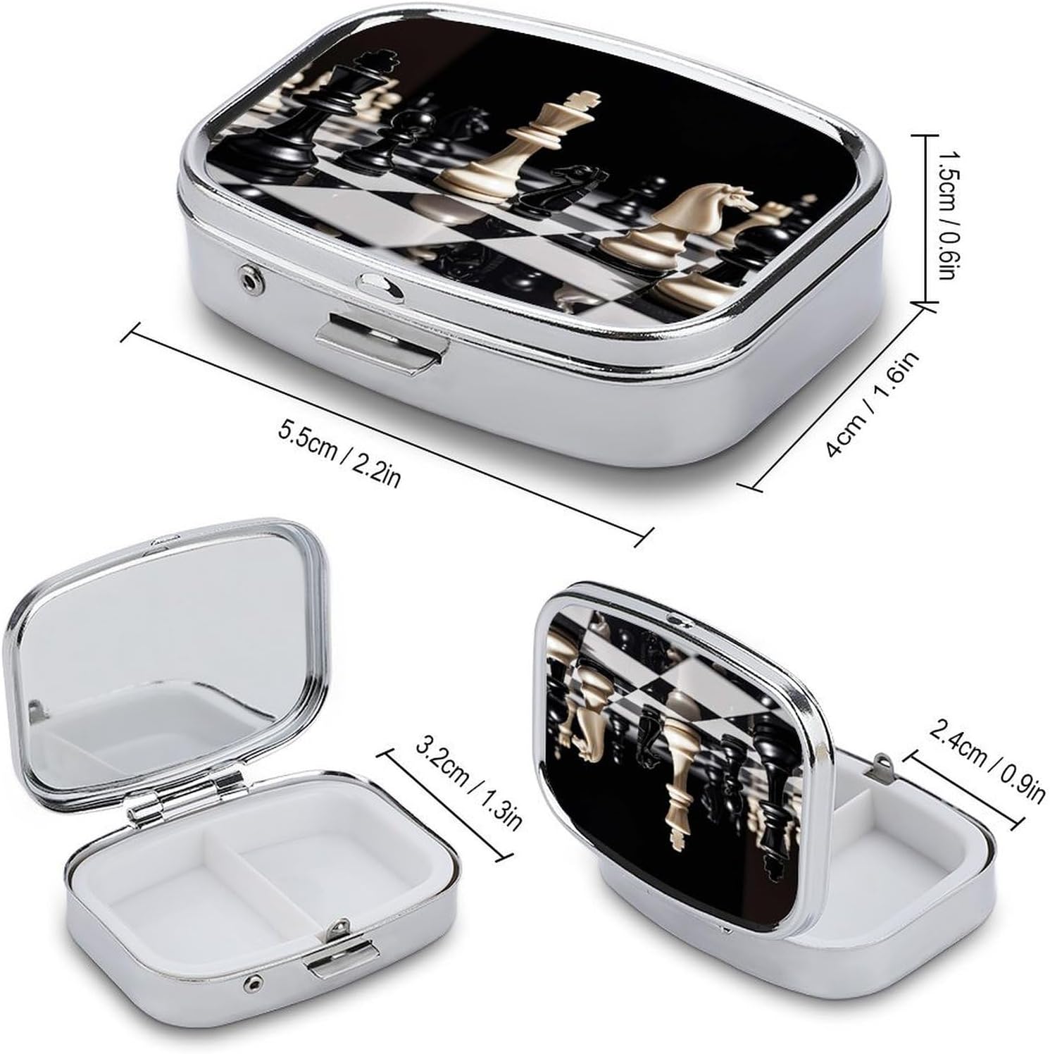 Black White Chess Square Pill Box with 2 Compartment & Mirror image 2