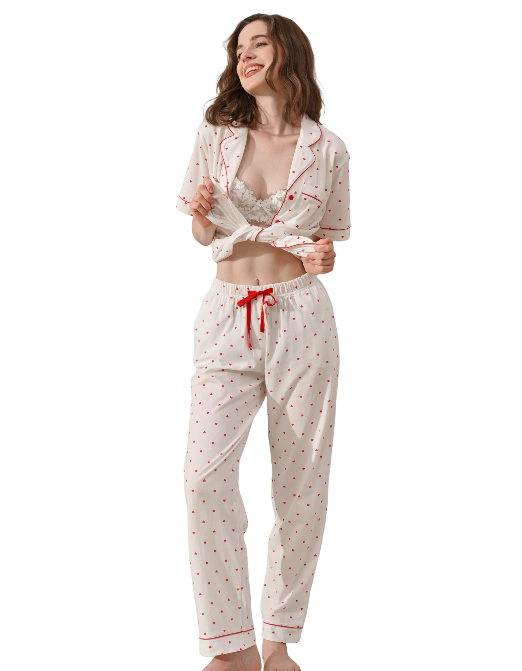 NAP BOUND 100% Cotton Women's Pajama Sets Short Sleeve Button Down Soft Pjs 2 Piece Lounge Set with Pocket Nightwear XS-XXL