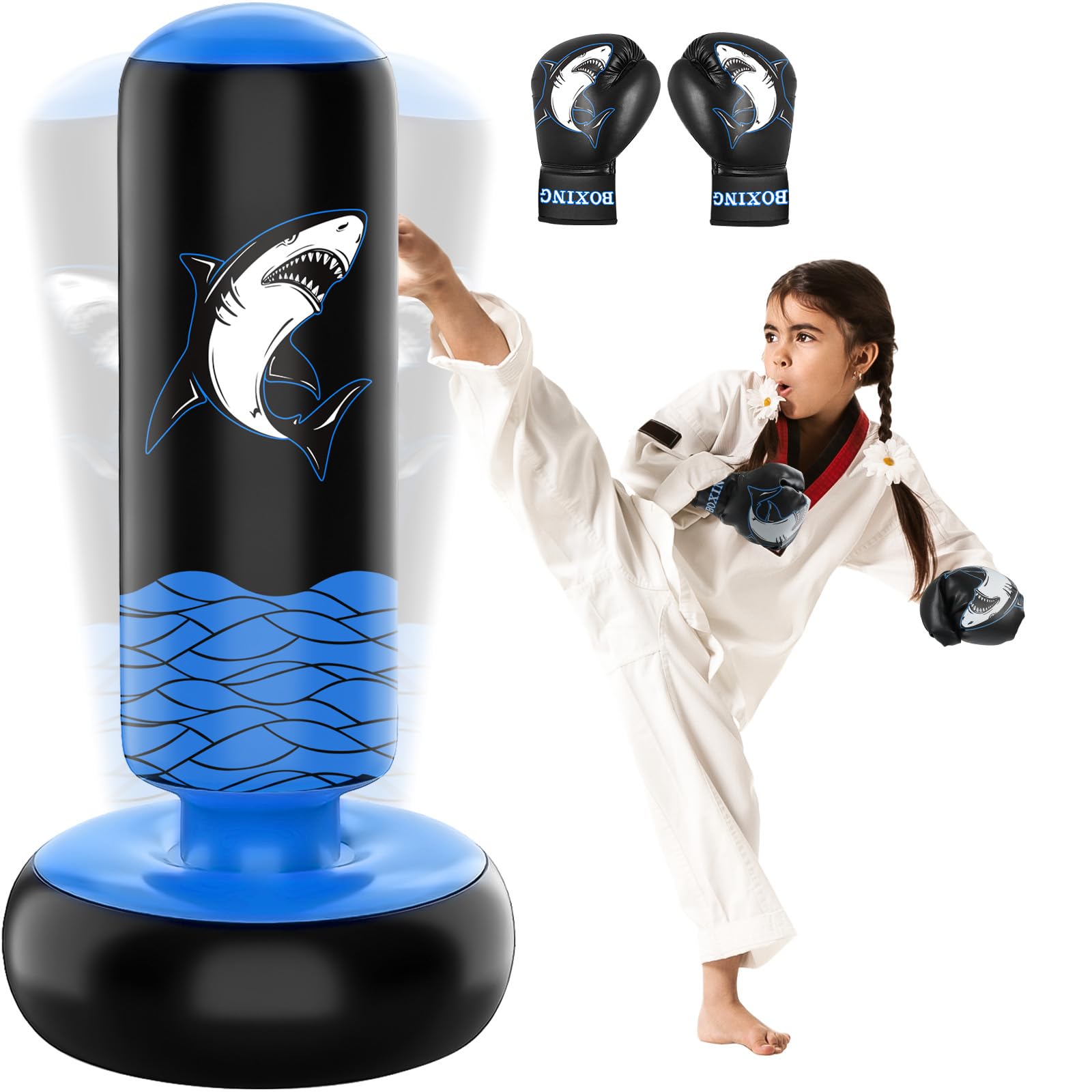 JUOIFIP Inflatable Punching Bag for Kids, 63'' Boxing Bag with Stand 27'' Widen Base Punching Bags Freestanding with Boxing Gloves Kicking Bag for Practicing Karate Taekwondo MMA