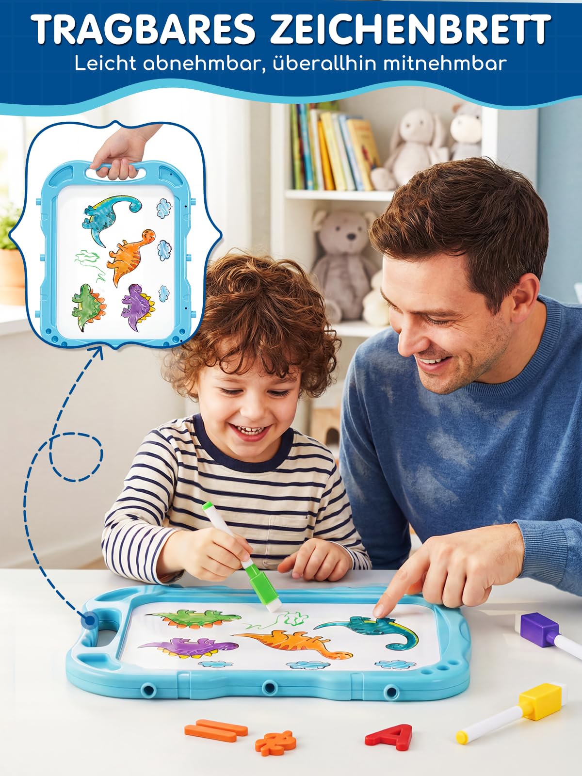 Lehoo Castle Tafel Kinder, Kindertafel mit Kreidetafel & Whiteboard 360 drehbare Höhenverstellbar schultafel für kinder mit Zubehör, Spielzeug ab 3 jahre mädchen Jungen(Blau)