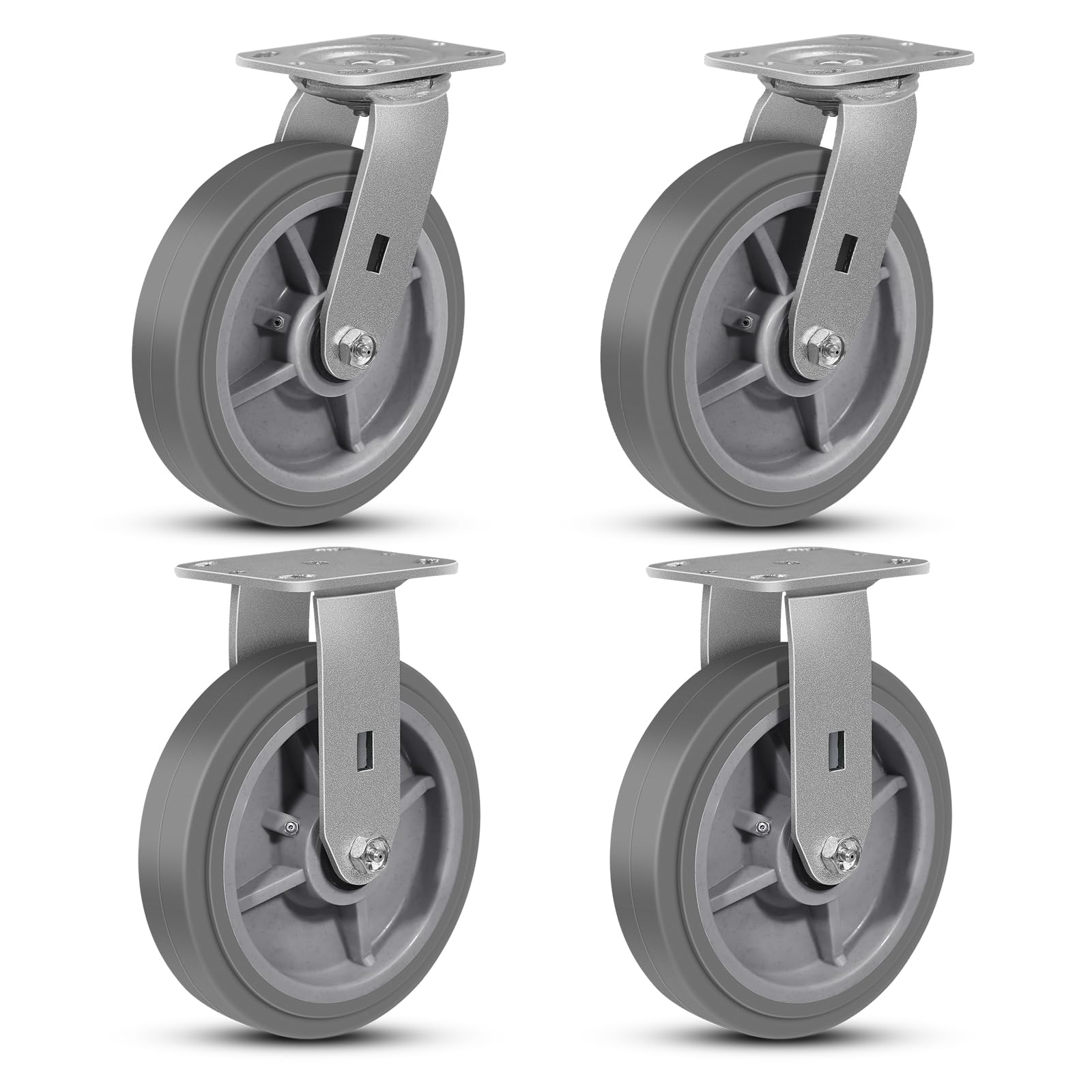 NINOSO 8" Heavy Duty Casters, Rubber Casters Set of 4 No Noise Plate Caster Wheels for Furniture Platform Truck Dolly Cart, 8 inch Caster Set(2 Swivel