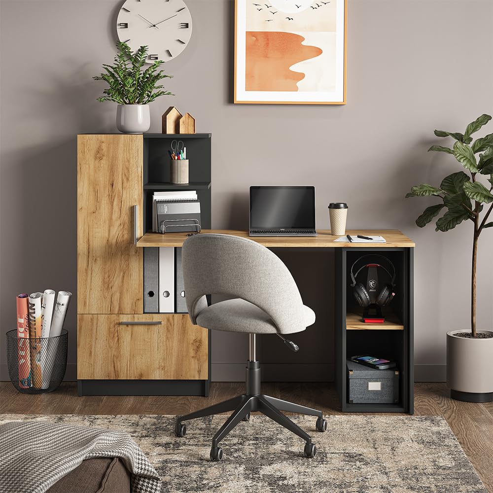 Vicco Armoire pour PC Tomy, Anthracite/chêne doré, 28.5x50cm,2 Compartiments, avec roulettes et Surface de Rangement pour Accessoires informatiques