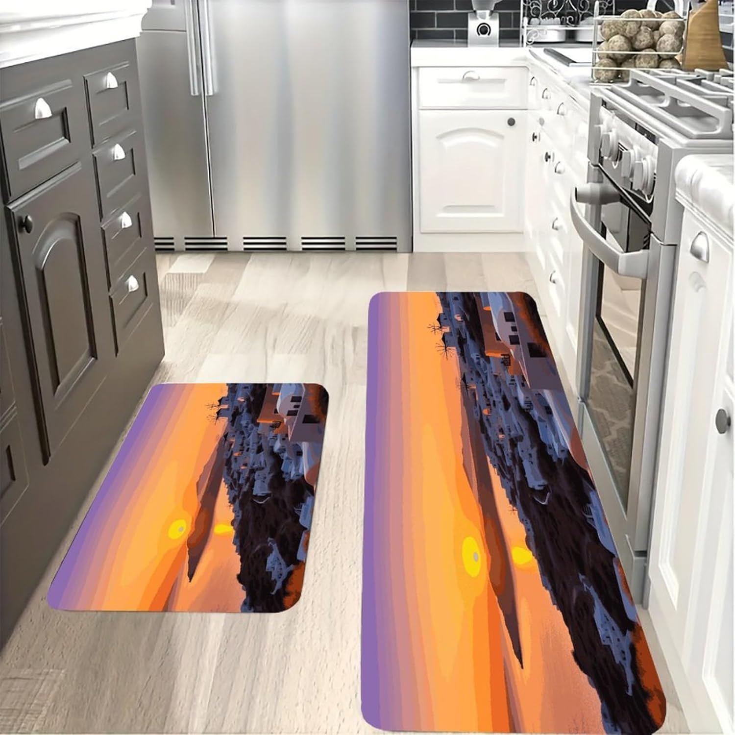 Greece Island Sunset Landscape Kitchen Mats with 2PCS Non-Slip Washable,Kitchen Rug Heavy Duty Durable, Floor Mats for Kitchen,Office,Sink,Laundry