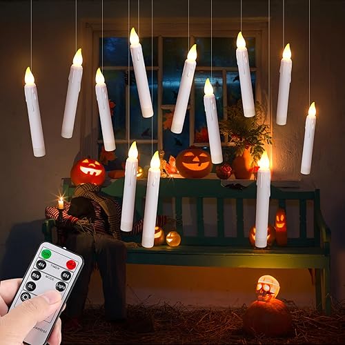 Miniatura 2 de Velas cónicas blancas sin llama de 6.7 pulgadas con temporizador remoto, 6 luces flotantes parpadeantes colgantes blancas cálidas, velas LED para
