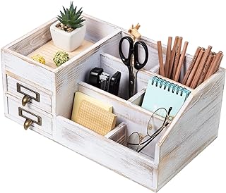 Distressed Rustic Wooden Office Desktop Organizer Shelf Tabletop Home Organizer Storage with Multiple Compartments 2 Tier Drawers perfect Jewelry storage Display Box for Desk Vanity (Washed white)