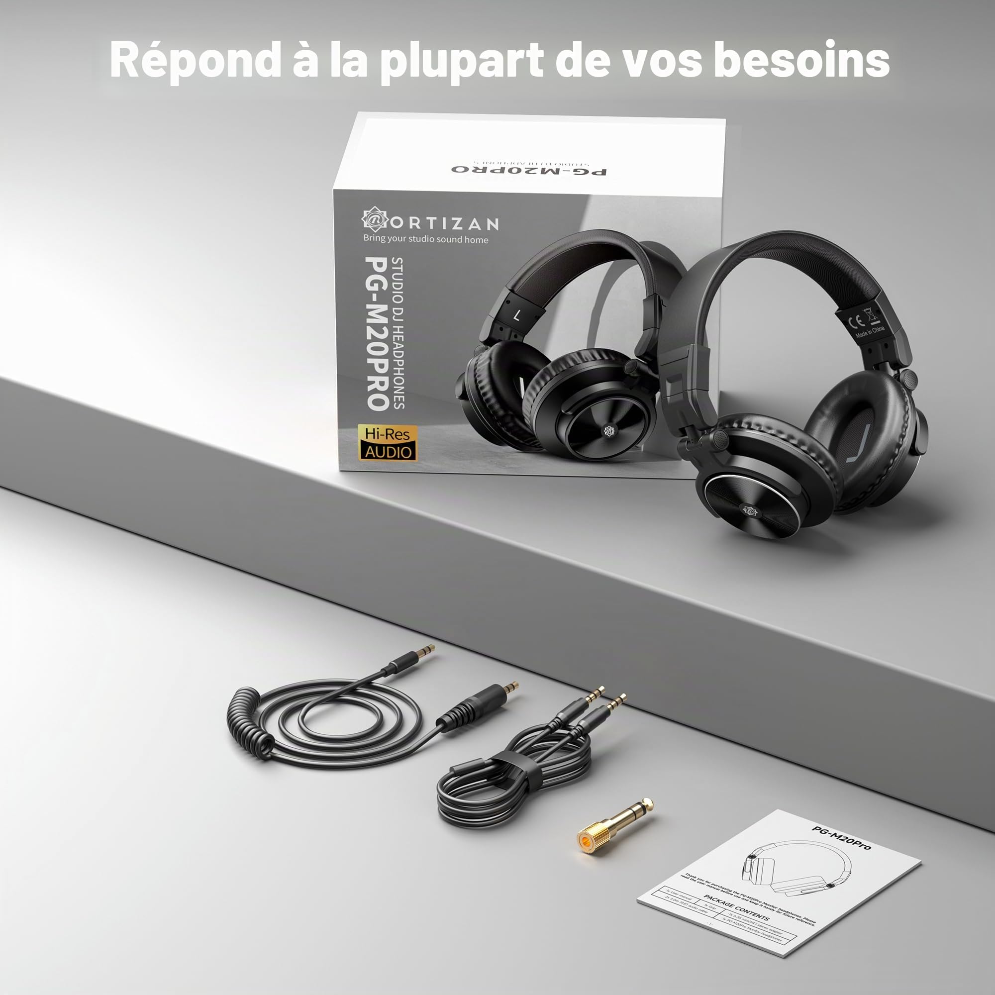 Ortizan Casque Audio Filaire - Casque de Studio - Professionnel 40 kHz stéréo Haute résolution - Enregistrement de Casques DJ - Prise Audio 1/4 à 3,5 mm pour Enregistrement/mixage/baladodiffusion