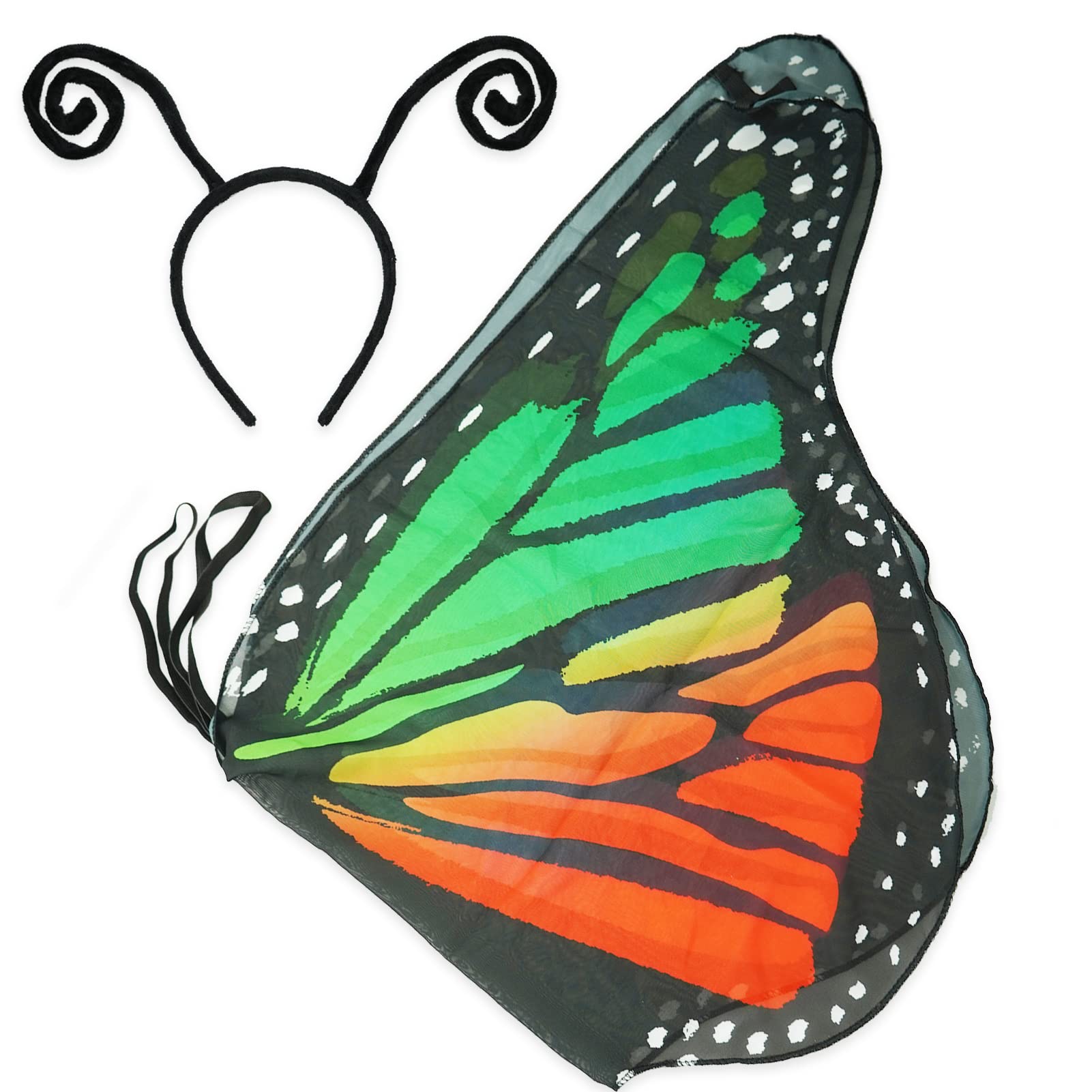 Kids Butterfly Wings Cape Costume With Antenna Headband - Chiffon Fairy Wings For Dress-Up, Rainbow Colors