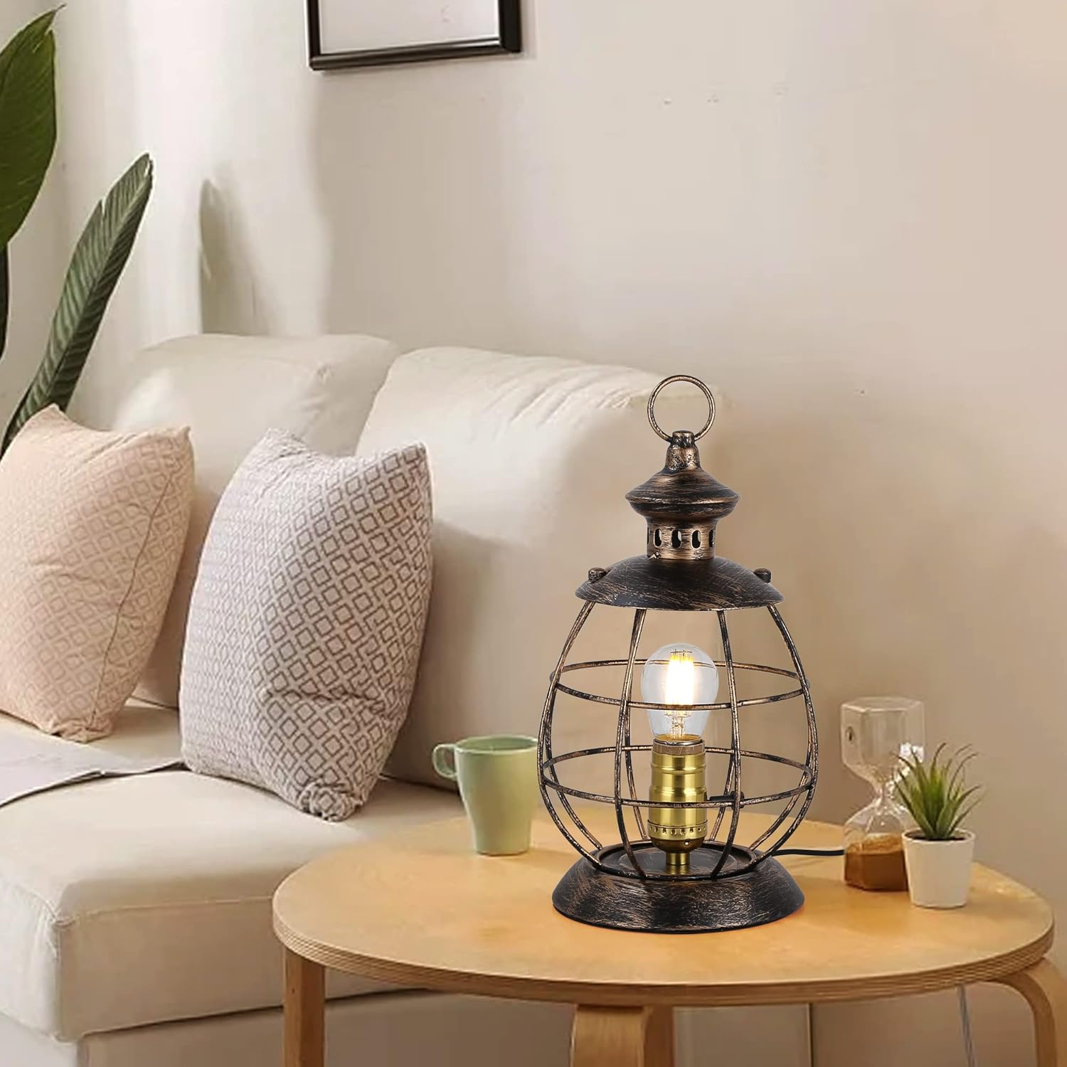 Industrial Metal Lantern Table Lamp - 12.2''H Gold Cage Lampshade Searchlight Standing Lighting Fixtures - Nautical Spotlight Reading Desk Light Decoration for Living Room Bedroom Farmhouse