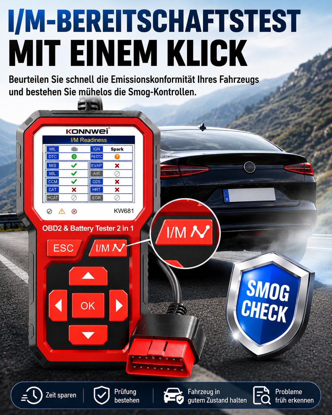 KONNWEI KW681 OBD2 Diagnosegerät Auto Auslesegerät & Batterietester 2-IN-1 | Universal KFZ Fehlercode Lesegerät mit Ein-Klick-I/M, 6V 12V Autobatterie Tester für Batterietests Anlasstests & Ladetests