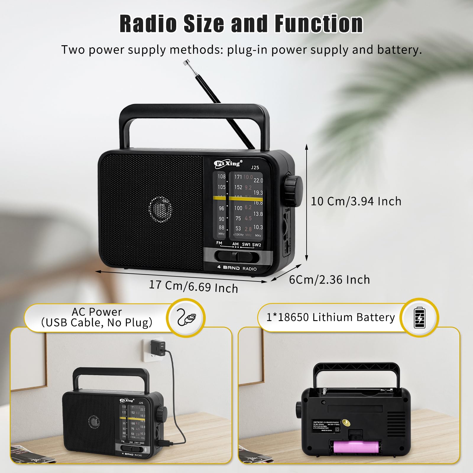 Przenośne radio FM AM, radio sieciowe i akumulatorowe do domu lub na zewnątrz, mała kieszeń z doskonałym odbiorem, dla osób starszych, łatwe w użyciu, czarne