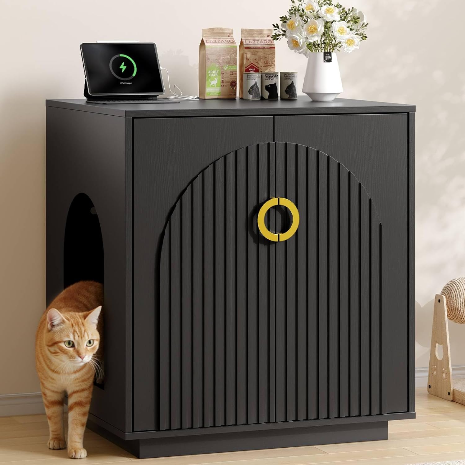 Large Cat Litter Box Enclosure for Self Cleaning Litter Box, Tall Hidden Litter Boxes Furniture w/Outlets, Modern Large Pet House, Cat Litter Furniture for Living Room, Black
